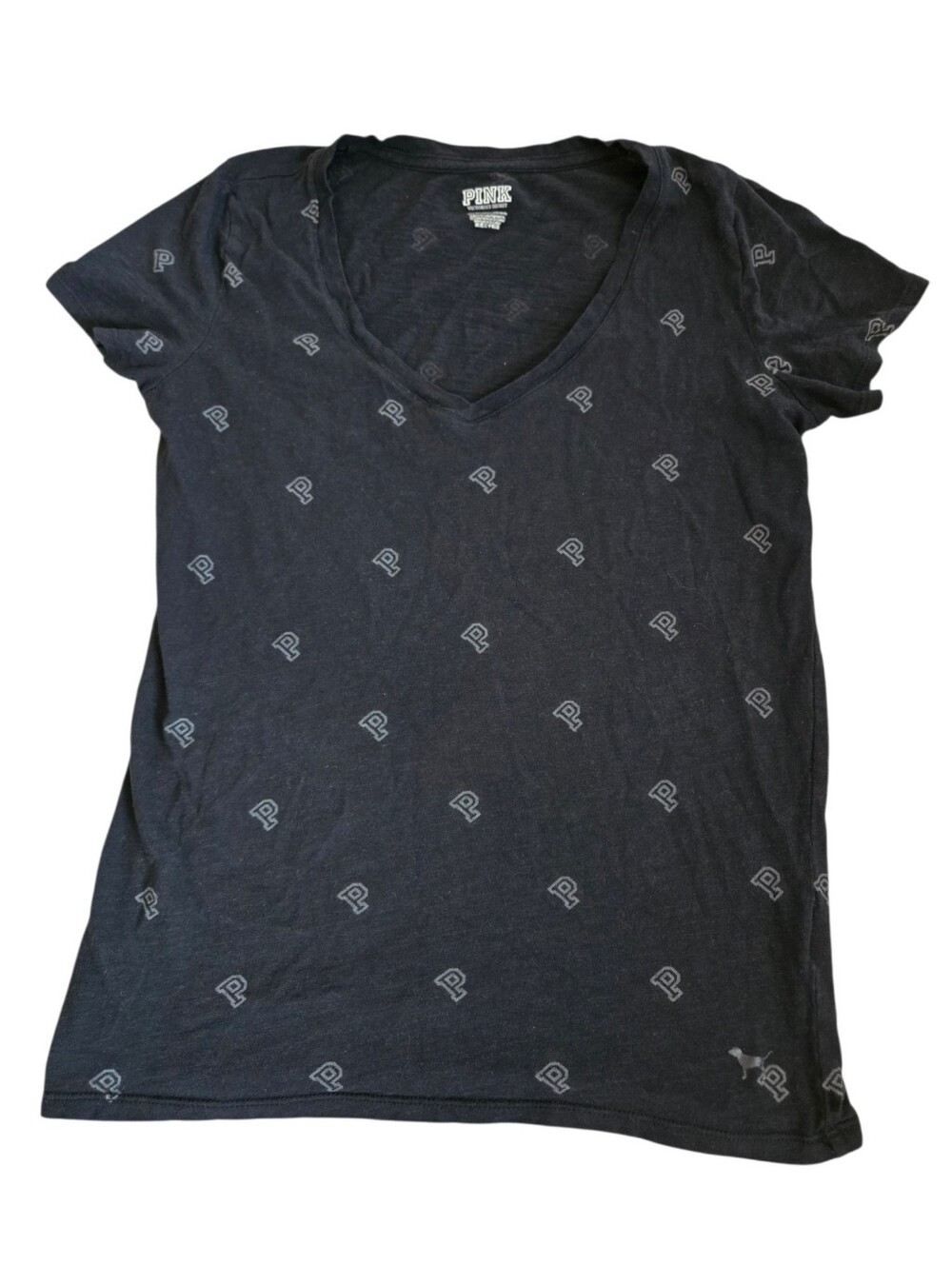 PINK Victoria's Secret Shirt Womens XS V Neck Short Sleeve All Over Print Black